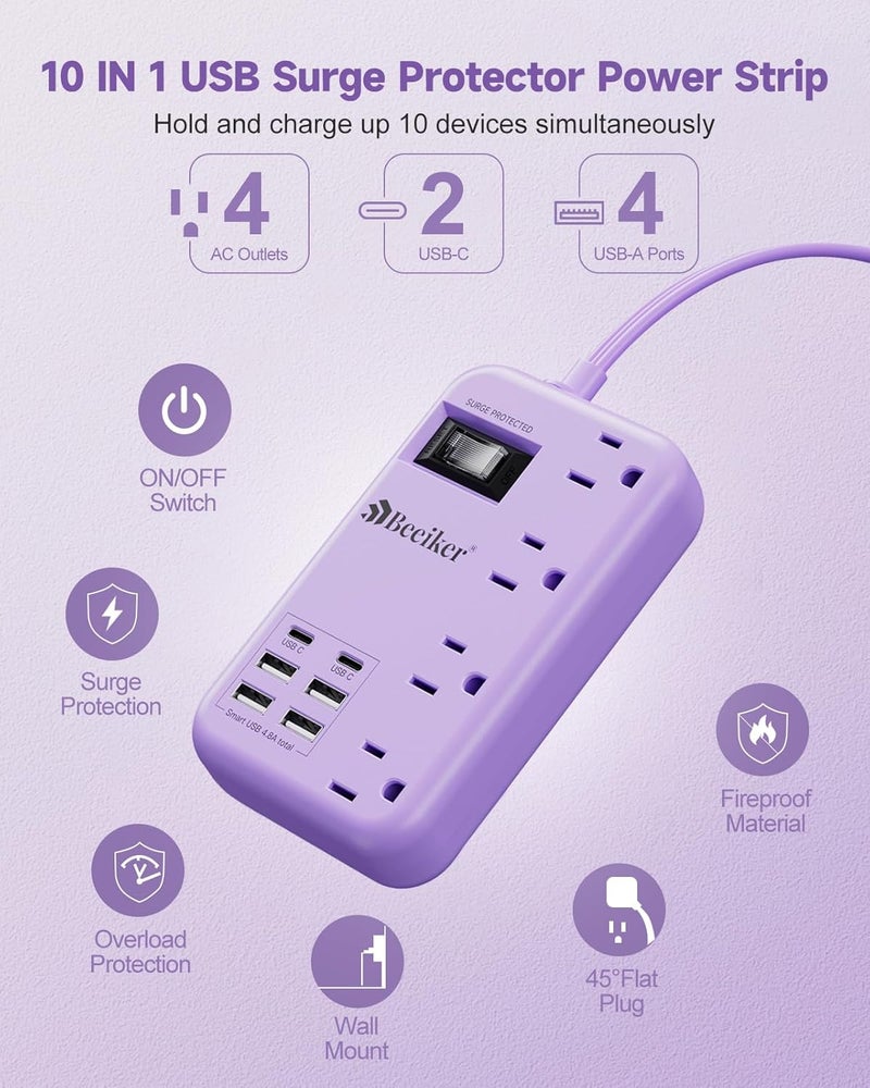 Beeiker 6 USB(2 USB C) Purple Travel Power Strip- 5Ft Lavender Extension Cord with 24W USB Charging Station and 4 Outlets, Purple Desk Accessories with Surge Protector for Cute Kawaii Office Dorm Room - Image 3